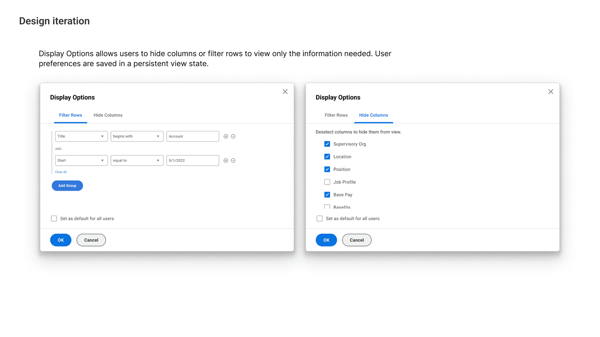 Iterated personnel table with the display options panel open to toggle columns and filter rows