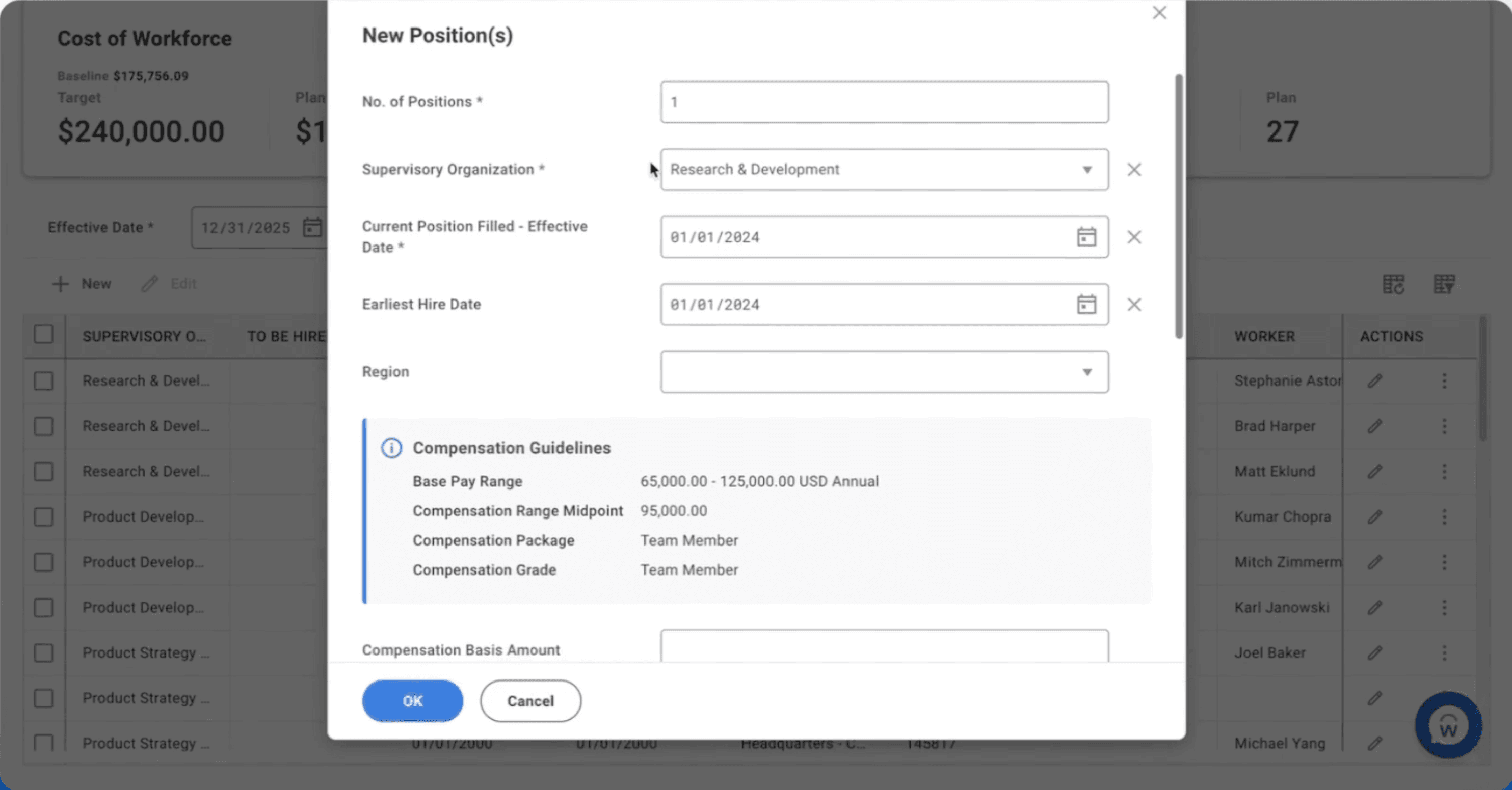 New-position form with compensation guidelines, over a headcount plan table
