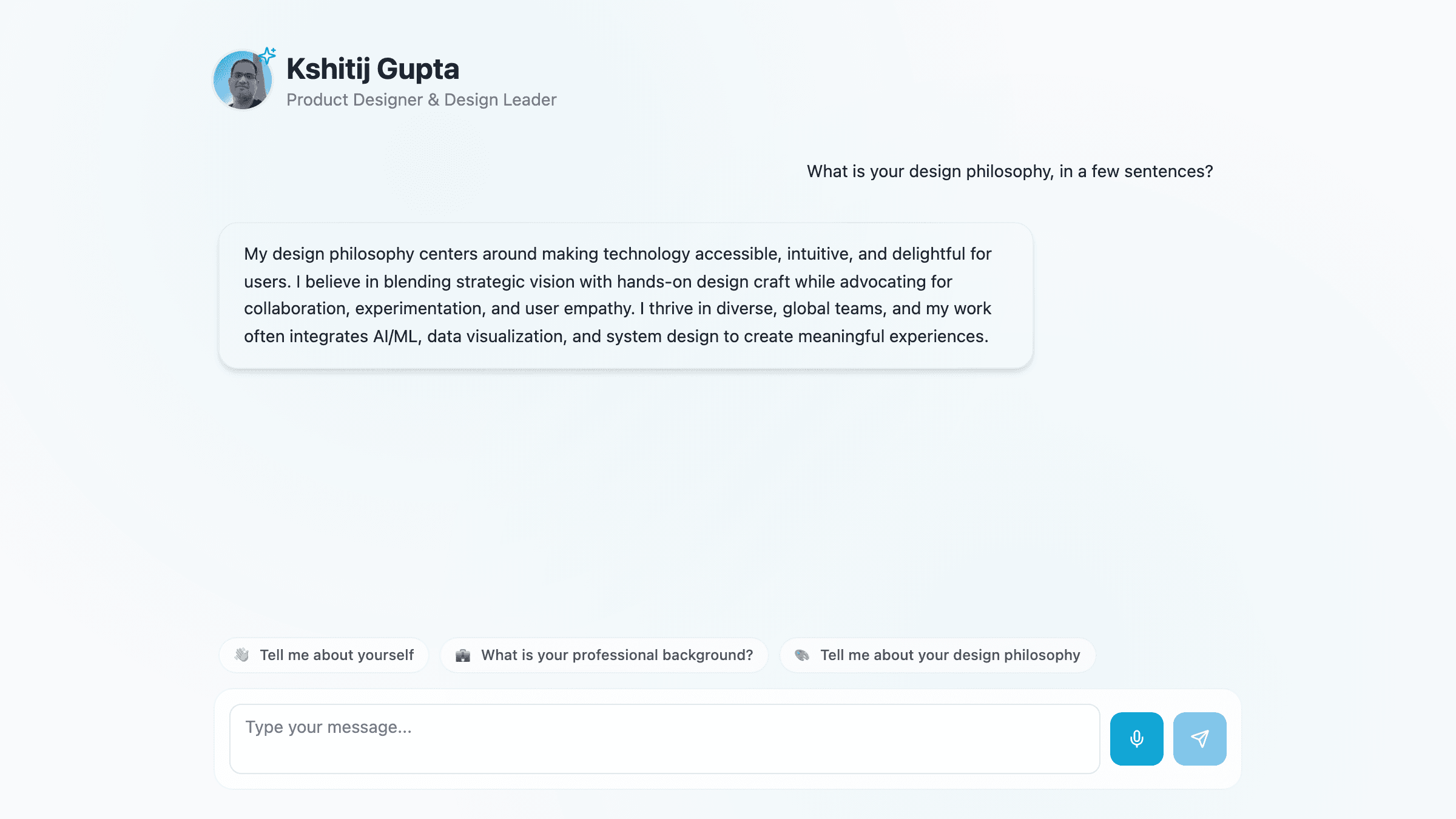 Digital Twin answering a question about Kshitij’s design philosophy, with suggested questions and a microphone control beside the message field.