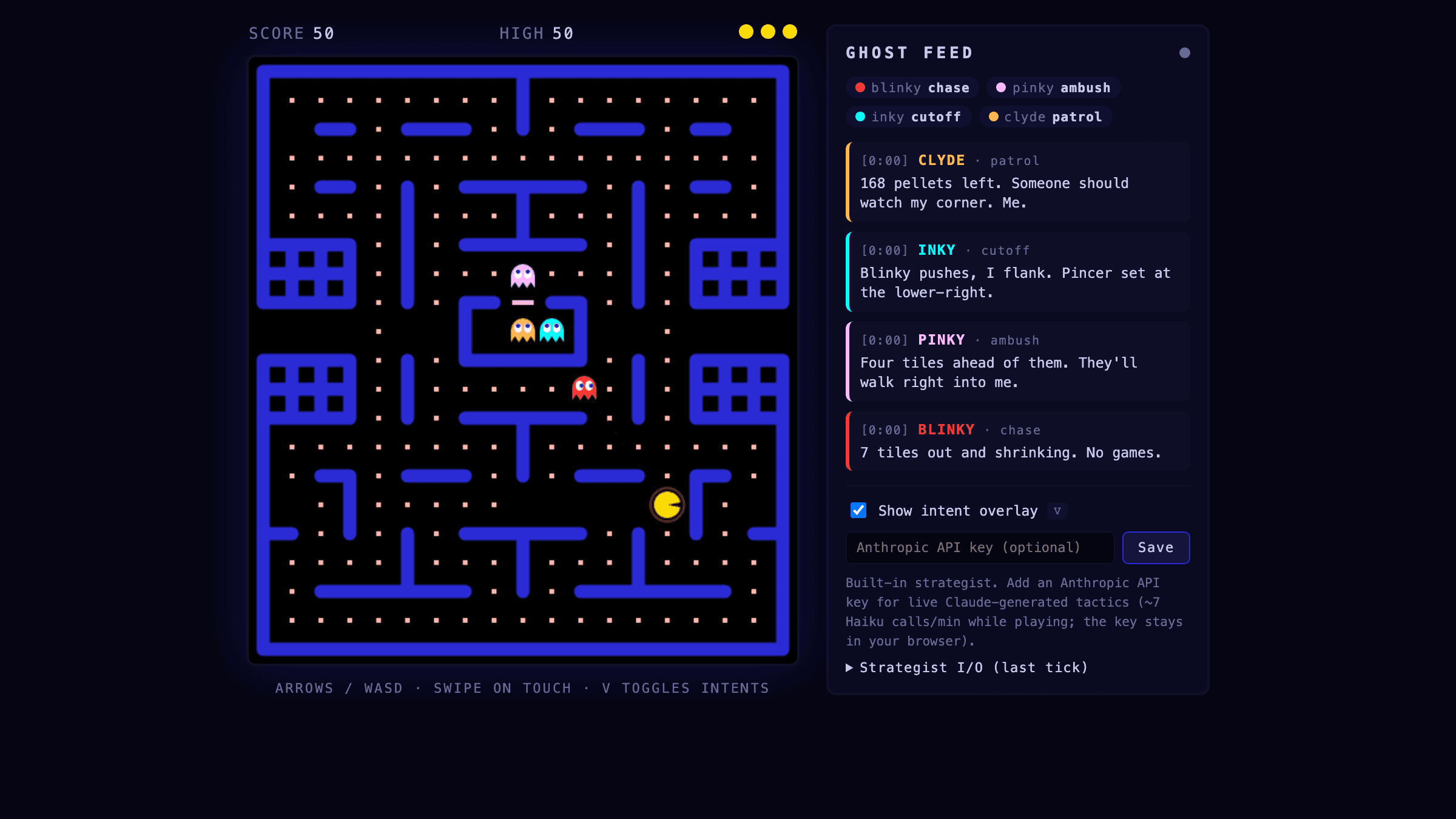Active Pac-Man gameplay with a ghost’s target marker on the maze and a feed showing each ghost’s role and intent.